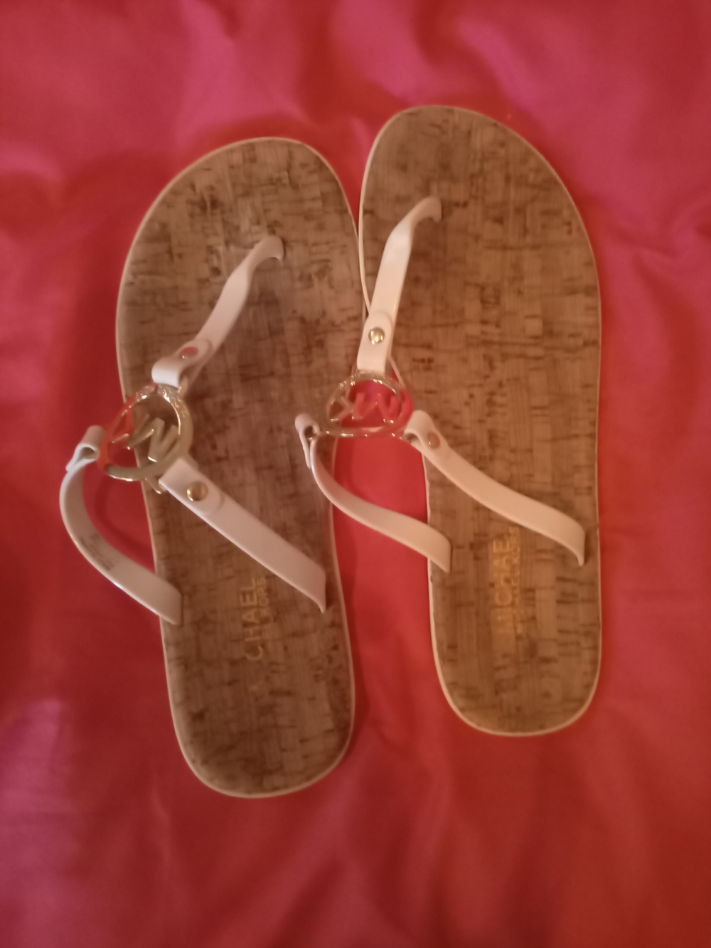 Michael Kors White T-Strap Logo Sandals with Cork-Like Footbed
